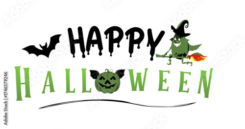 Happy Halloween Greetings with Happy Halloween Text and Vector Illustration of bat, evil pumpkin, witch pumpkin.