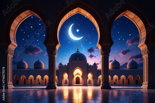 view through the mosque arches into the magic ramadan sky with crescent moon and star, festive islamic holiday celebration concept with copy space.