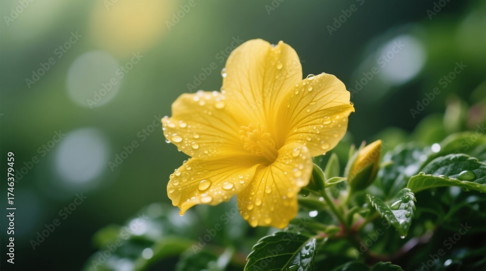 Fototapeta premium a bright yellow flower with water droplets glistening on its petals, surrounded by lush green leaves The background is slightly blurred, giving the flower a sense