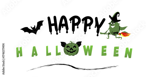 Happy Halloween Greetings with Happy Halloween Text and Vector Illustration of bat, evil pumpkin, witch pumpkin.