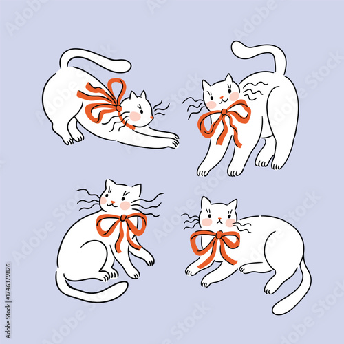 vector cat collection. Cute white cats with red bows. Vector kitten illustation isolated on light violate background. Preppy animal print design for kids t-shirt. 