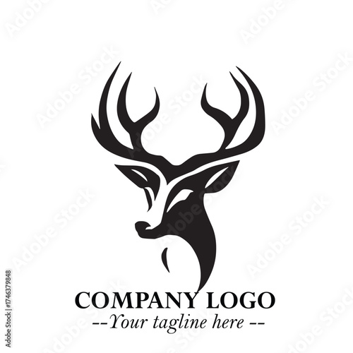 Head of Deer Logo Symbol Black on White Background in Elegant Minimalist Vector Design for Branding