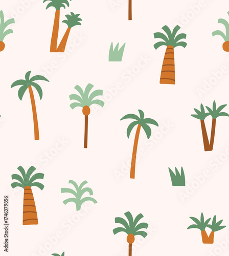 Vector palm tree seamless pattern. Desert repeated fabric design. Palm trees on light beige background.