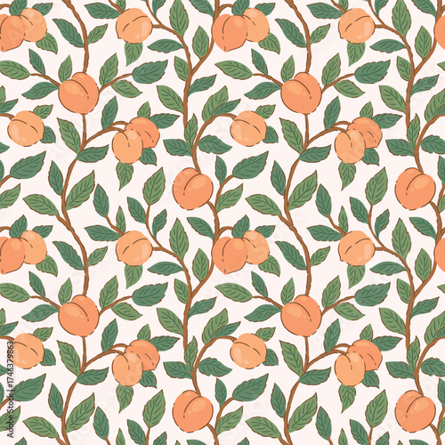 Fruit vintage seamless pattern for retro wallpapers. Apricot design for wrapping paper, wallpaper, fabrics. Arts and Crafts movement inspired.