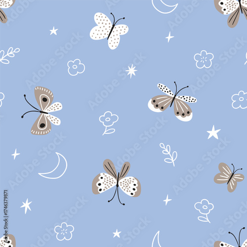 Vector night butterfly seamless pattern. Butterflies, doodle flowers and stars on light blue background. Stylish kids fabric design or nursery wallpaper.