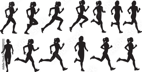 Running Woman Silhouettes Set – Female Runner Figure Shapes in Action Vector Illustration