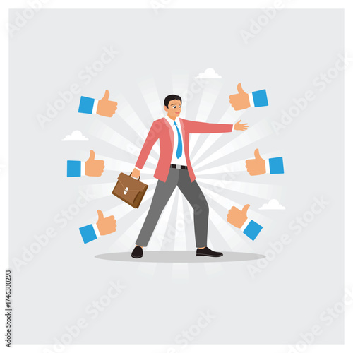 Confident businessman respected by colleagues giving thumbs up for his success.