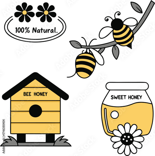 Cute Honey Bee and Flowers Illustration – Sweet Honey Jar and Daisy Clipart Design