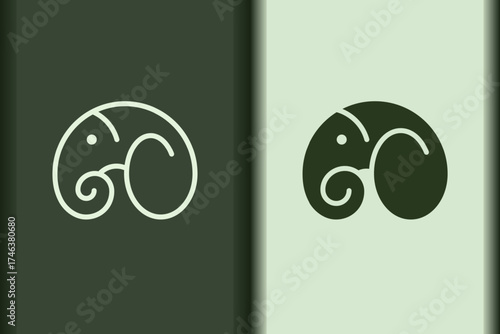 Vector of elephant logo design curve linear and silhouette icon minimal style.Creative simple animal on green background for business artwork.Modern flat icon elephant head shape graphic illustration.