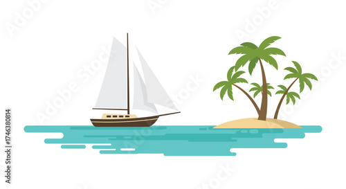 Serene tropical island paradise with a majestic sailboat on turquoise water palm trees