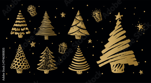 Christmas gold tree on black hand drawn illustrations.
