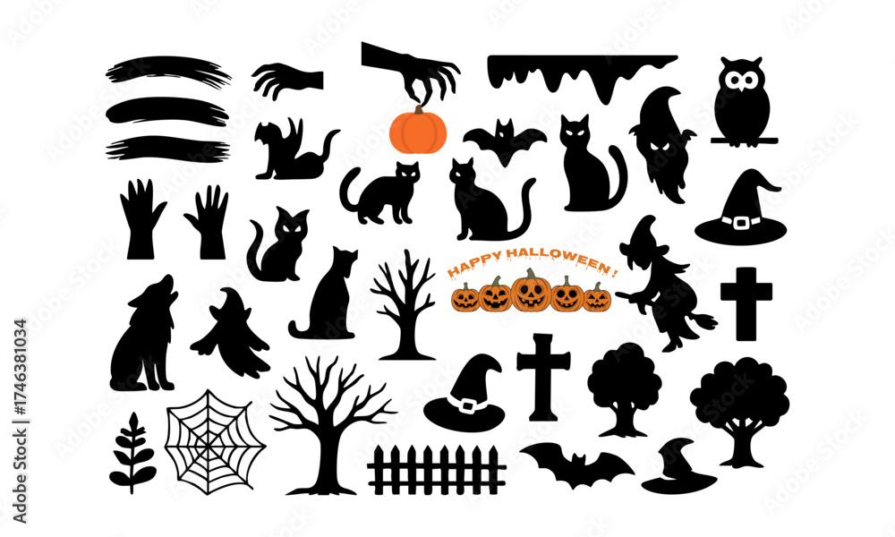 Naklejka premium Mixed Halloween Icons – Witch Bat Ghost Pumpkin Web – Black Silhouette Vector Set on White, Halloween elements, easily editable.