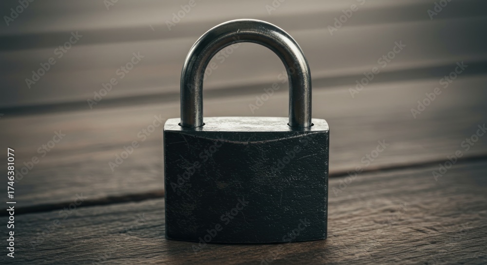 Fototapeta premium Close up of a metal padlock on a wooden surface security concept