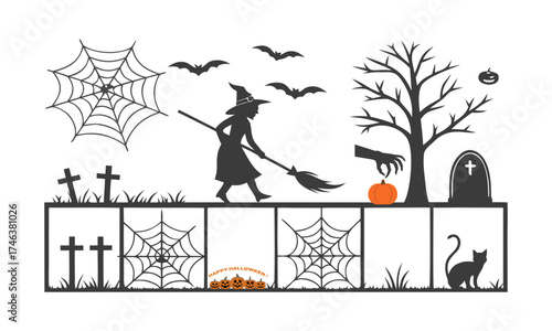 Halloween Black Silhouette Icon Set Panel Minimal Flat Vector illustration on White, easily editable.