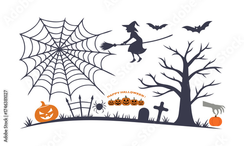 Halloween Black Silhouette Icon Set Panel – Minimal Flat Vector illustration on White, Halloween elements, easily editable.