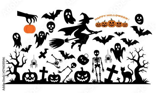  Spiders & Cobweb Corners – Halloween Black Silhouette Icon Panel, Clean Vector on White, Halloween elements, easily editable