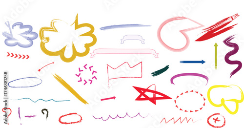 Vibrant neon shapes and brush strokes set dynamic hand drawn colorful doodle elements collection