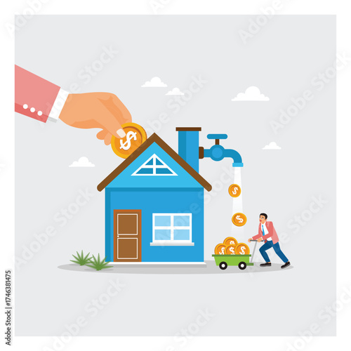 Businessman Hand Put Coin Invests In Home with Money Return.