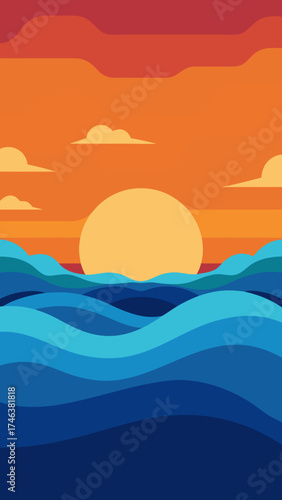 cinematic ocean waves at sunset with reflections illustration