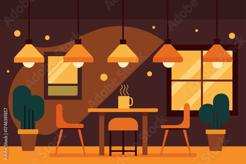 cozy cafe interior with warm bokeh lights illustration