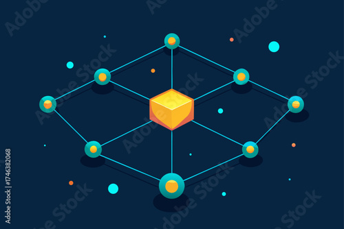 digital network of glowing nodes in three dimensional space illustration
