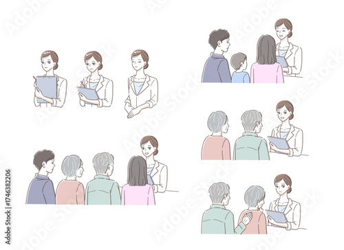 女性医師に相談をする家族のイラストセット
