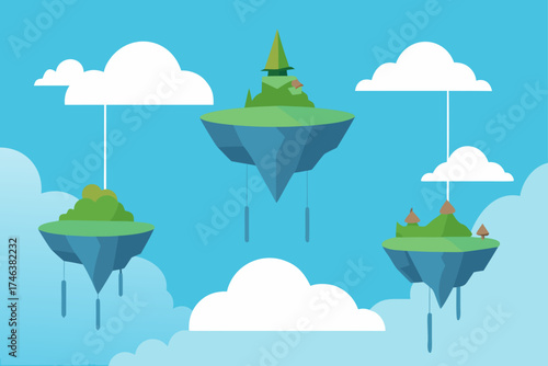 fantasy floating islands with waterfalls in clouds illustration