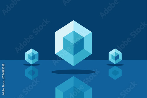 floating crystal cubes over reflective water surface illustration