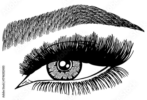 Illustration with woman's eye, eyelashes and eyebrow. Makeup Look. Tattoo design. Logo for brow bar or lash salon.