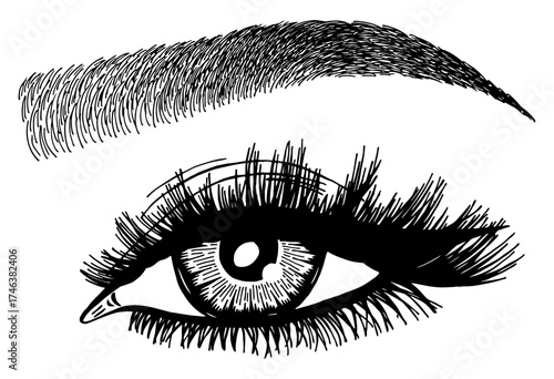 Illustration with woman's eye, eyelashes and eyebrow. Makeup Look. Tattoo design. Logo for brow bar or lash salon.