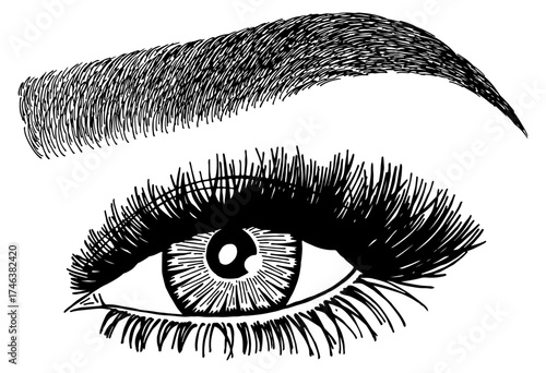 Illustration with woman's eye, eyelashes and eyebrow. Makeup Look. Tattoo design. Logo for brow bar or lash salon.