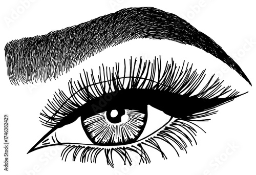 Illustration with woman's eye, eyelashes and eyebrow. Makeup Look. Tattoo design. Logo for brow bar or lash salon.
