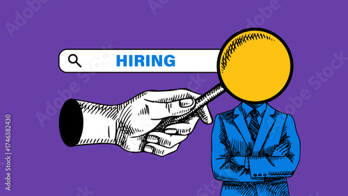 Trendy collage of hand drawn businessman in suit with magnifying glass head and search bar. Talent search, hiring, сreative HR, career, job vacancy concept. Retro hand drawn vector illustration.