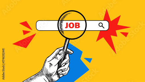 Trendy art collage of sketch hand and magnifying glass. Search job online, hr looking concept. Retro hand drawn vector illustration