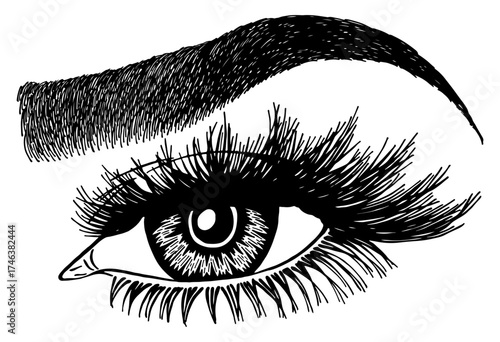 Illustration with woman's eye, eyelashes and eyebrow. Makeup Look. Tattoo design. Logo for brow bar or lash salon.