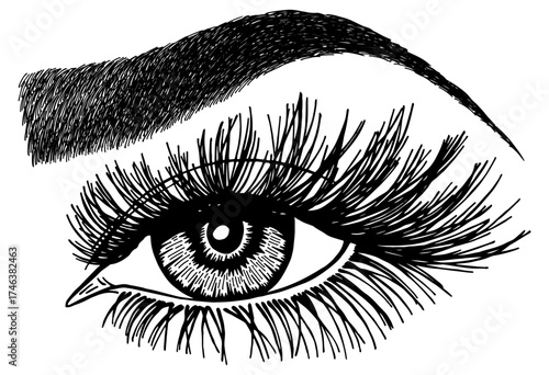 Illustration with woman's eye, eyelashes and eyebrow. Makeup Look. Tattoo design. Logo for brow bar or lash salon.