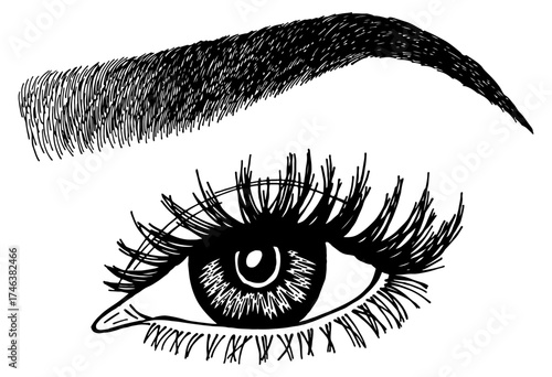 Illustration with woman's eye, eyelashes and eyebrow. Makeup Look. Tattoo design. Logo for brow bar or lash salon.