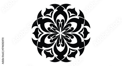 Intricate black mandala design with floral petals and geometric symmetry perfect for decorative art