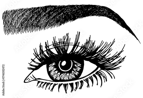 Illustration with woman's eye, eyelashes and eyebrow. Makeup Look. Tattoo design. Logo for brow bar or lash salon.