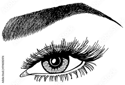 Illustration with woman's eye, eyelashes and eyebrow. Makeup Look. Tattoo design. Logo for brow bar or lash salon.