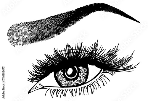 Illustration with woman's eye, eyelashes and eyebrow. Makeup Look. Tattoo design. Logo for brow bar or lash salon.