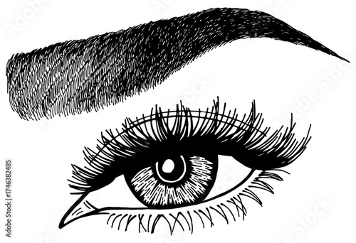 Illustration with woman's eye, eyelashes and eyebrow. Makeup Look. Tattoo design. Logo for brow bar or lash salon.