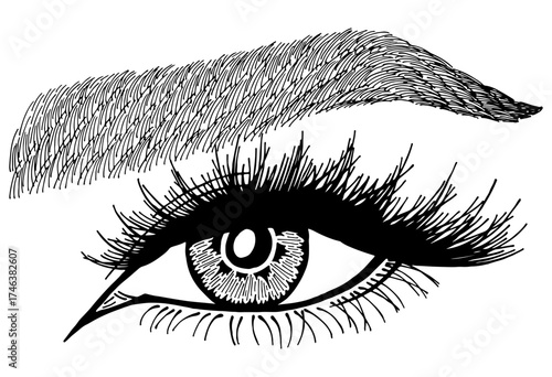 Illustration with woman's eye, eyelashes and eyebrow. Makeup Look. Tattoo design. Logo for brow bar or lash salon.