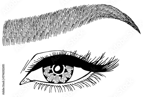 Illustration with woman's eye, eyelashes and eyebrow. Makeup Look. Tattoo design. Logo for brow bar or lash salon.