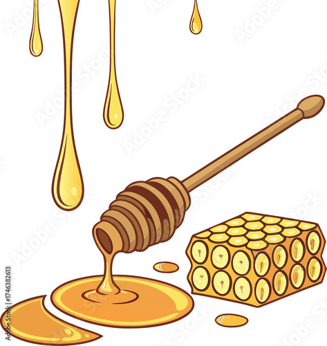 Honey Dripping Stick Illustration – Sweet Golden Honey Drops Vector Design