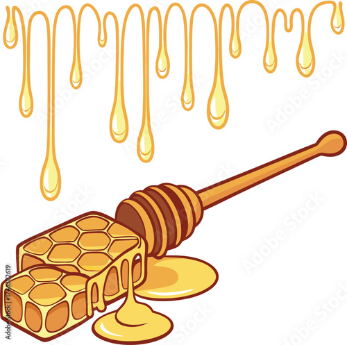 Honey Dripping Stick Illustration – Sweet Golden Honey Drops Vector Design