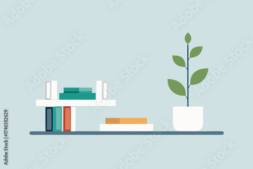 minimal white shelf with plant and books illustration