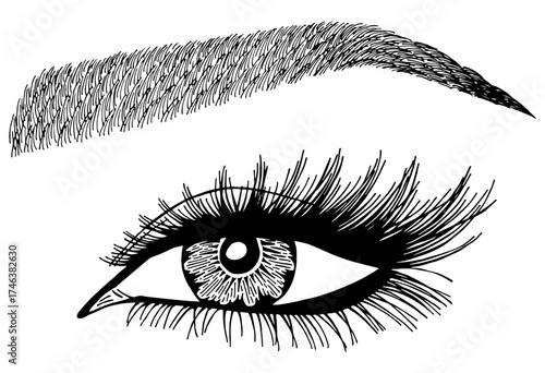 Illustration with woman's eye, eyelashes and eyebrow. Makeup Look. Tattoo design. Logo for brow bar or lash salon.