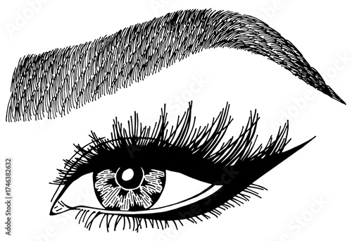 Illustration with woman's eye, eyelashes and eyebrow. Makeup Look. Tattoo design. Logo for brow bar or lash salon.
