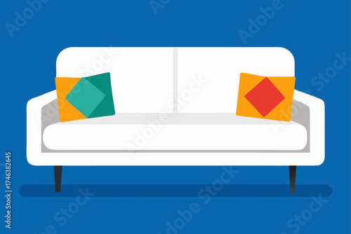 minimalist white sofa colorful throw pillows illustration